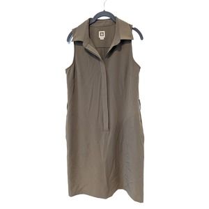 Anne Klein Belted Shift Dress Button Down V Neck Clay Brown Beige Tan
